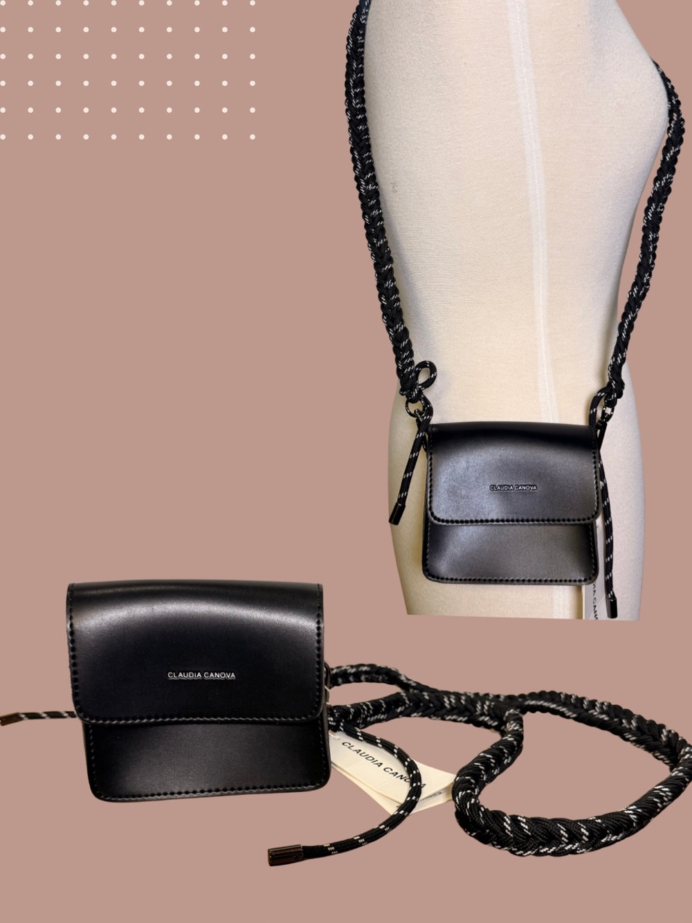 NWT Claudia Canova Minimalist Black Mini Crossbody Bag With Rope Strap